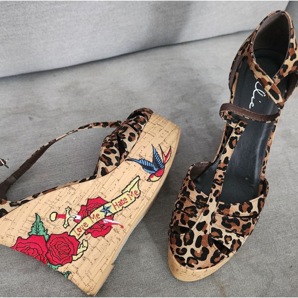 Ellie Leopard Print Wedges with Red Floral Embroidery